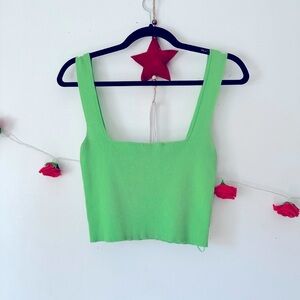 Zara Ribbed Knit Stretchy Green Square Neck Crop Top L